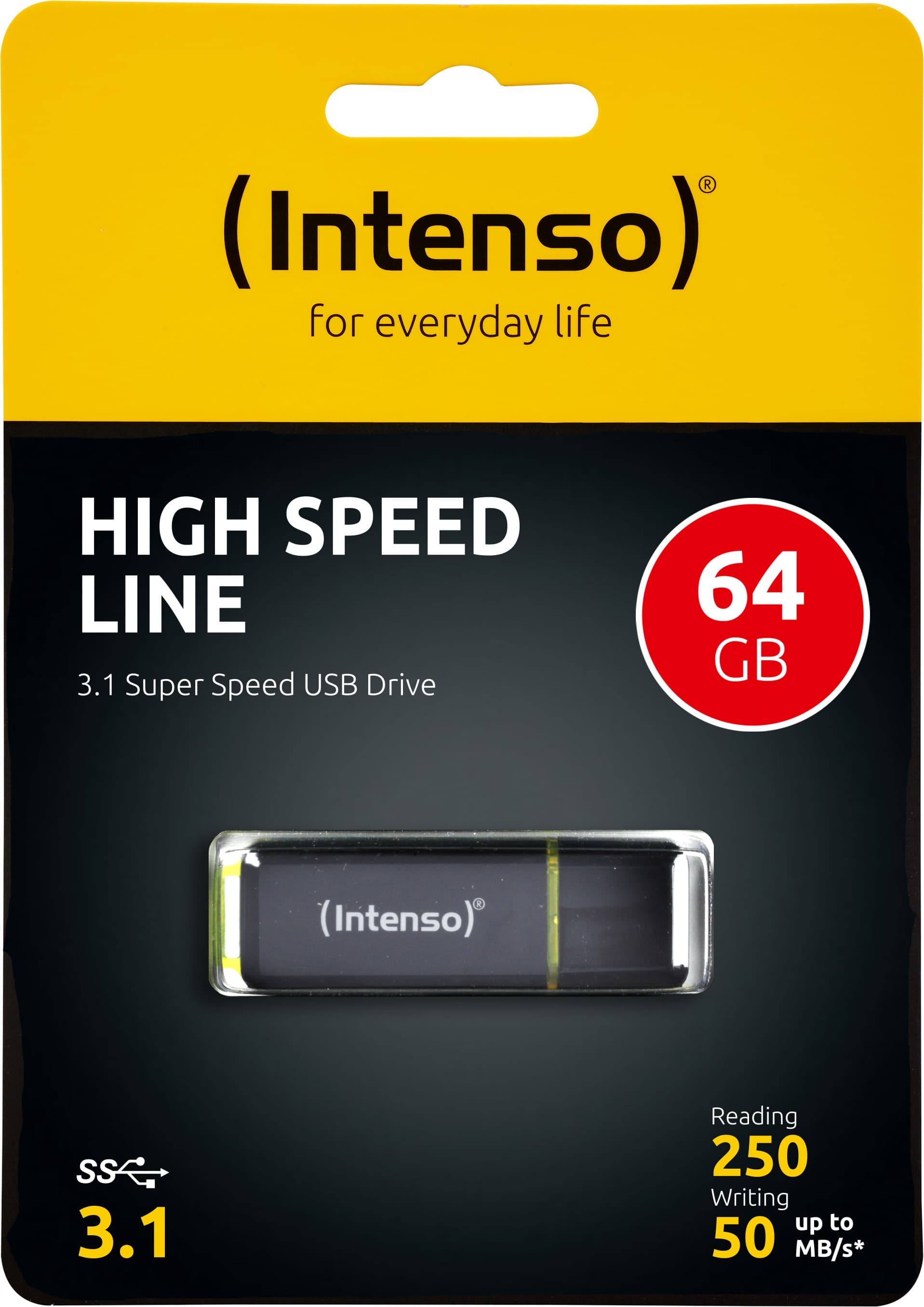 Clé USB 3.1 Intenso 64 Go, High Speed Line, noir type A, (R) 250 Mo/s, (W) 50 Mo/s, blister de vente au détail