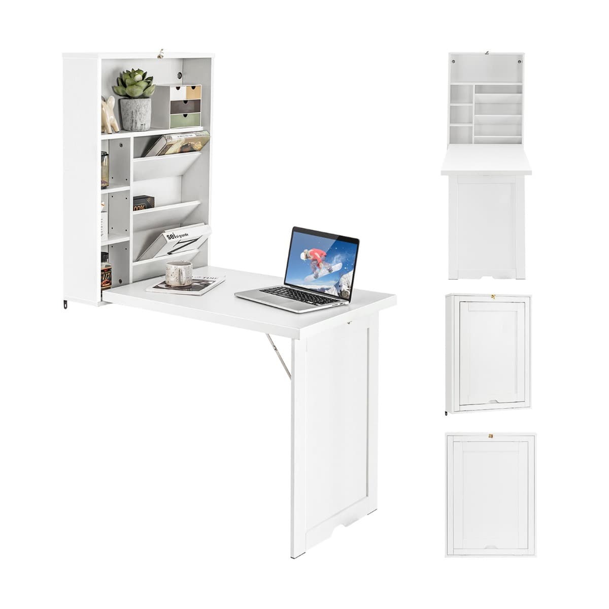 CostwayBureau Mural Pliable Étagère Réglable à 3 Positions Espace de Stockage Indépendant Multicouche Économiser de l'Espace