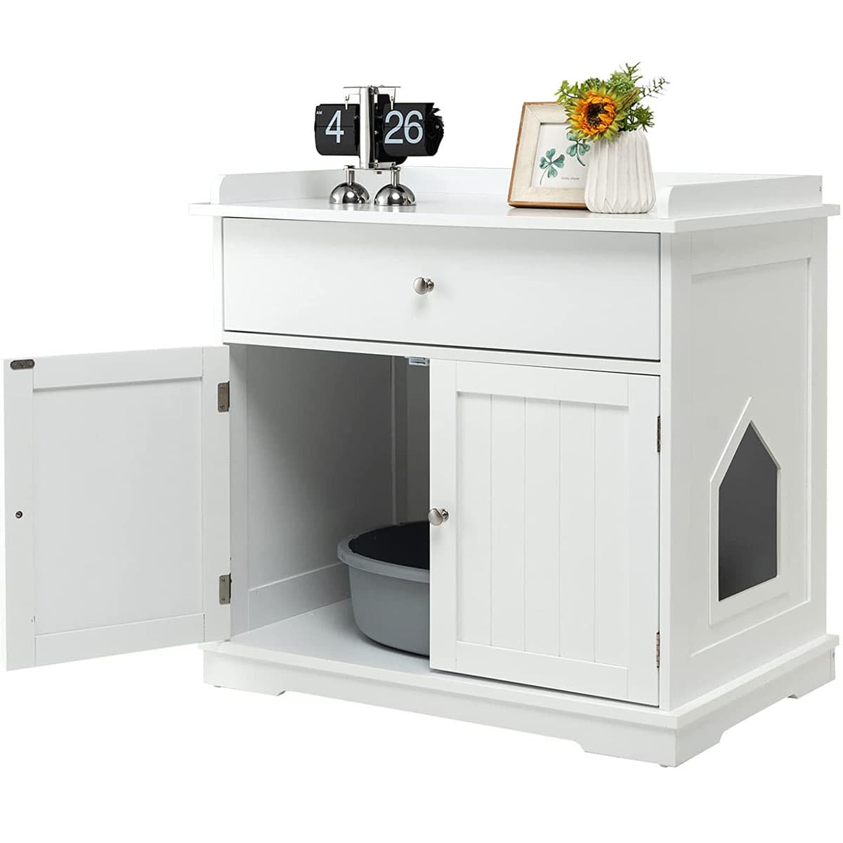 CostwayEnceinte de Bac à Litière pour Chat Meubles de Toilette Cachés pour Chat avec Tiroir et 2 Portes Table d'Appoint pour Chat