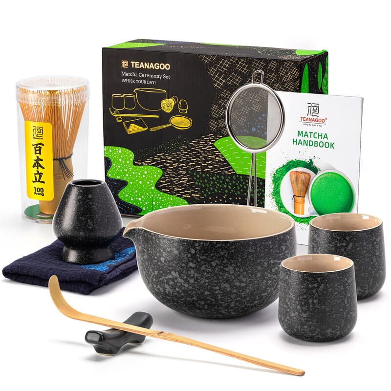 TEANAGOO Fouet à Matcha, Set Matcha en Céramique 9 Pièces, Kit Matcha pour Cérémonie, Set à Thé Matcha pour Préparer Petit-Déjeuner/Matcha Latte, Set Fouet à Matcha et Bol avec 2 Tasses à Matcha (7.2oz), Cadeau pour Amateur de Matcha, Soldes du Nouvel An, Idées Cadeaux Incontournables