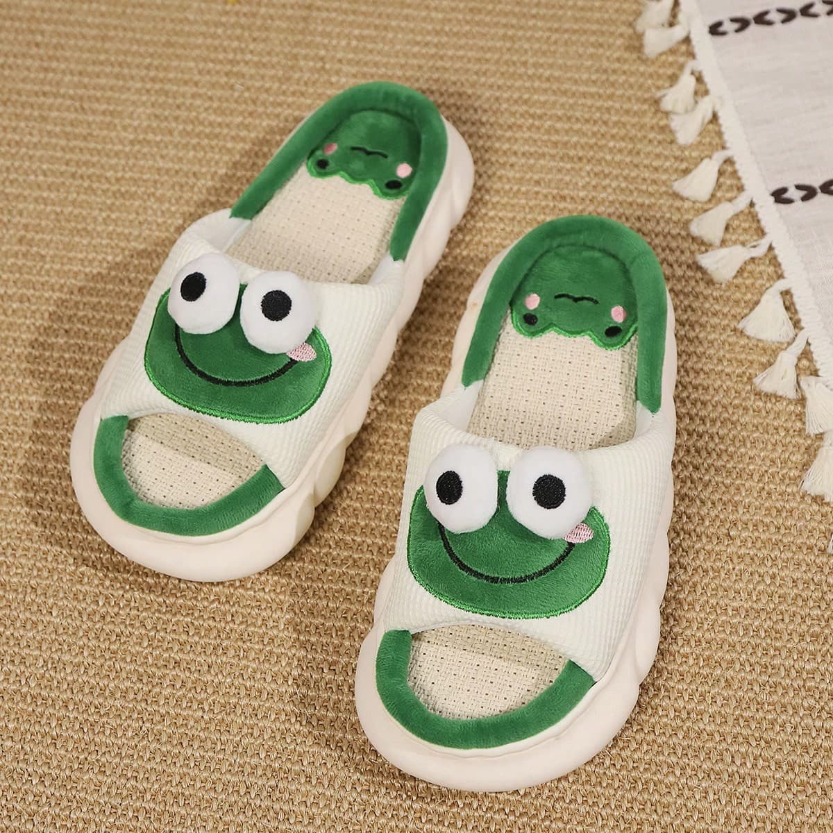 Chaussons de lin saisonniers pour femmes, mignon modèle anti-dérapant d'intérieur en forme de grenouille, semelles épaisses anti-dérapentes plus