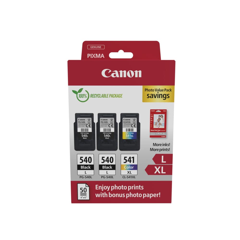 Pack de 3 cartouches d'encre + 50 Papier photo 5224B015 Noir et couleurs marque Canon